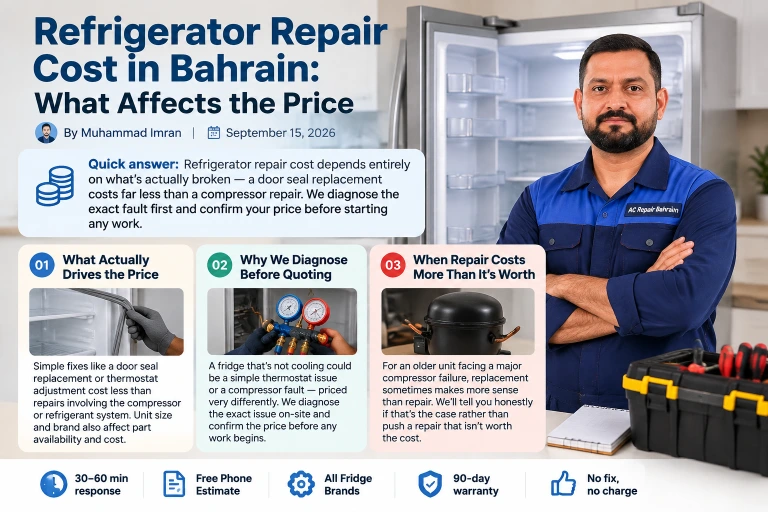 Price guide showing the factors that affect refrigerator repair cost in Bahrain, from door seals to compressor faults