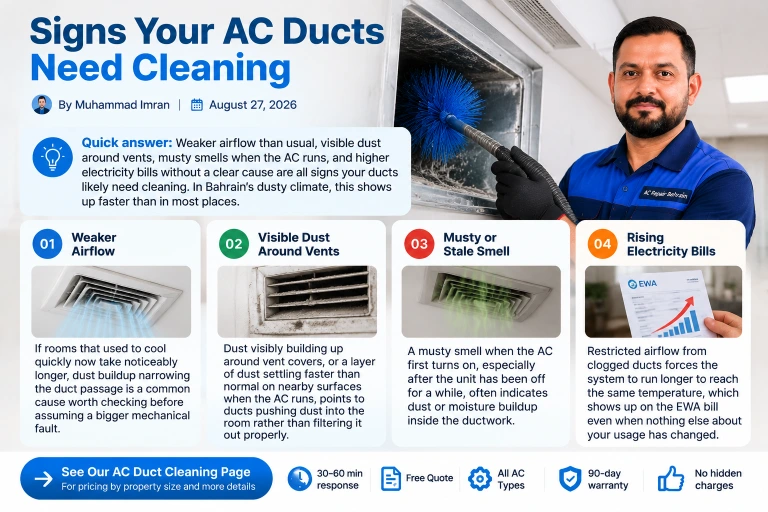 Common signs that AC ducts need cleaning in Bahrain homes, such as dust buildup, weak airflow and musty odours