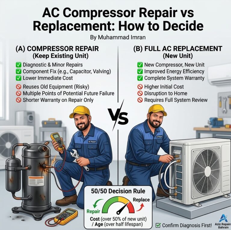 Comparison of AC compressor repair versus full replacement to help Bahrain homeowners decide the more cost-effective option