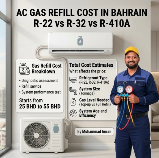 Comparison of R-22, R-32 and R-410A refrigerant types and their impact on AC gas refill cost in Bahrain