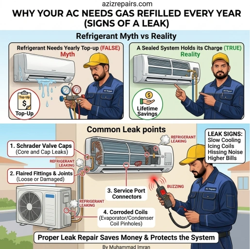 Key warning signs of an AC refrigerant leak in Bahrain homes, indicating the AC needs professional leak detection rather than a repeat gas refill