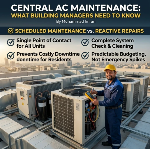 Central AC maintenance guidance for building managers in Bahrain, covering AHU, FCU and chiller upkeep to keep systems running reliably