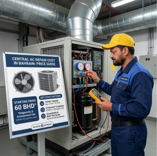 Price guide showing the factors that affect central AC repair cost in Bahrain, from AHU and FCU faults to chiller work