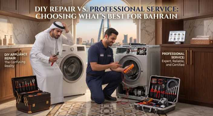 A comparison scene in a Bahrain home between a confused man in a thobe attempting a DIY washing machine repair and a professional technician diagnosing a machine with advanced tools.