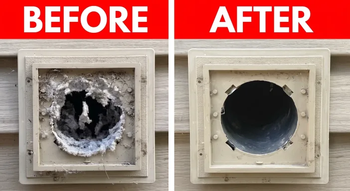 Before and after comparison of an AC duct interior in Bahrain, showing heavy dust buildup cleaned completely by Aziz Appliances Repairs