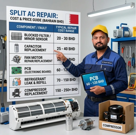Price guide showing the factors that affect split AC repair cost in Bahrain, helping homeowners understand what to expect before booking a technician