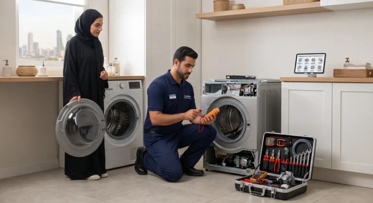 Professional technician from Aziz Appliances Repairs diagnosing a front-load washing machine in a Bahrain home to estimate repair cost