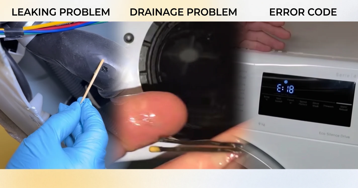 A comprehensive infographic illustrating three key services included in a typical professional washing machine repair in Bahrain: leak diagnostics, drainage clear-out, and electronic error code troubleshooting.