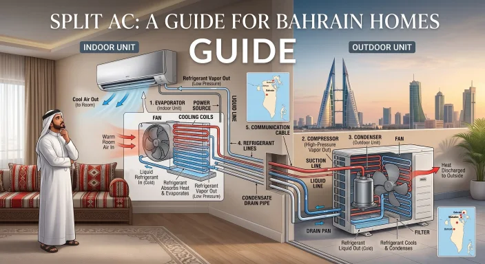 Detailed technical diagram explaining how a split AC system works with indoor evaporator and outdoor condenser units for Bahrain homes