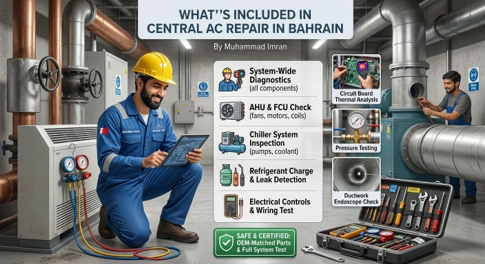 Overview of what a professional central AC repair in Bahrain includes, from full-system diagnostics of AHU, FCU and ducting to the final performance test