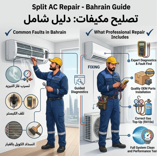 Overview of what a professional split AC repair service in Bahrain includes, from fault diagnosis to repair and a working test