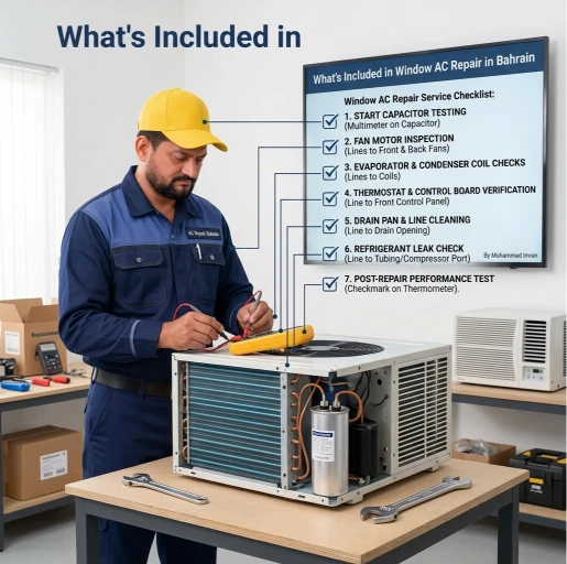 Overview of what a professional window AC repair in Bahrain includes, from diagnosing common faults to testing the unit before completion
