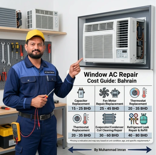 Price guide showing the factors that affect window AC repair cost in Bahrain, helping homeowners understand what to expect before booking