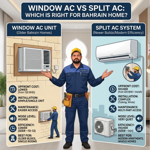 Comparison of window AC versus split AC for Bahrain homes, weighing cost, cooling performance, noise and installation to help homeowners choose